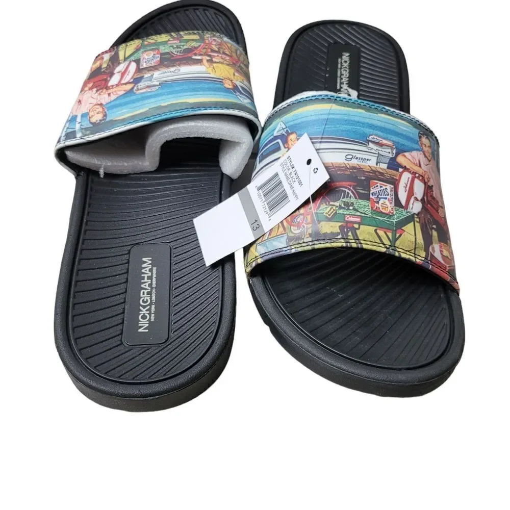 Nick Graham Dane Happy Men's Slide Sandals Size 8 Beach Print Father Day Deal